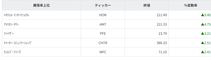 S&P100種騰落率ランキング
