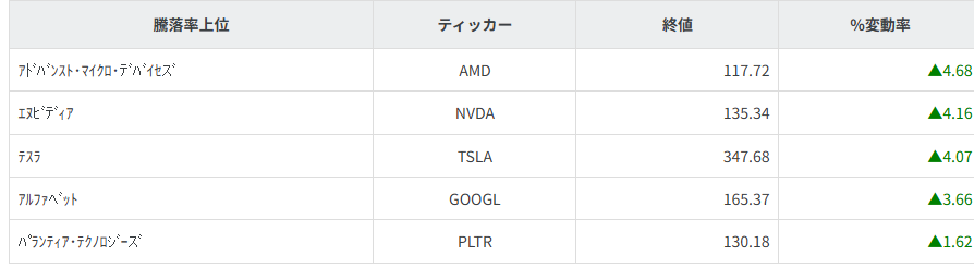 S&P100種騰落率ランキング