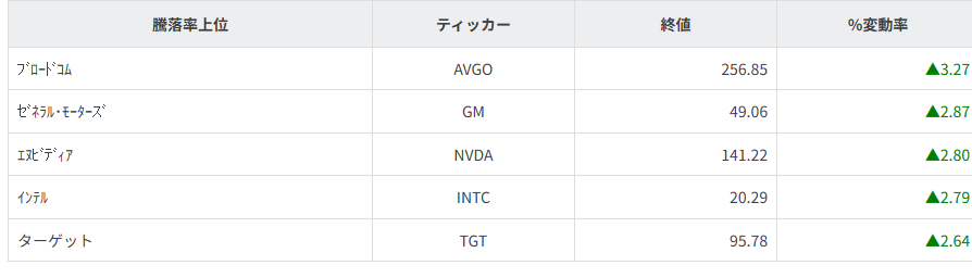 S&P100種騰落率ランキング