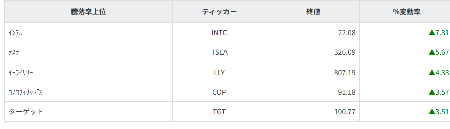 S&P100種騰落率ランキング