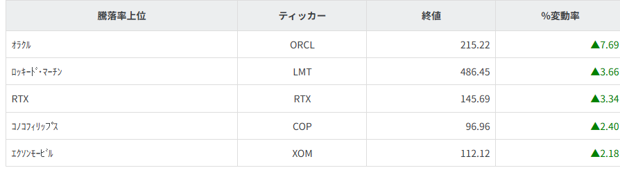 S&P100種騰落率ランキング
