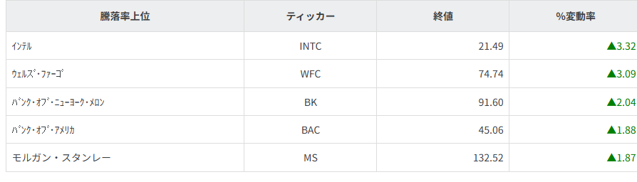 S&P100種騰落率ランキング