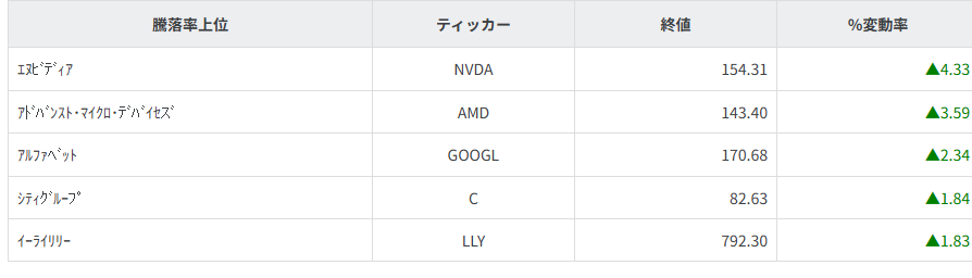 S&P100種騰落率ランキング