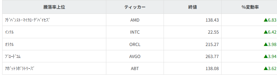 S&P100種騰落率ランキング