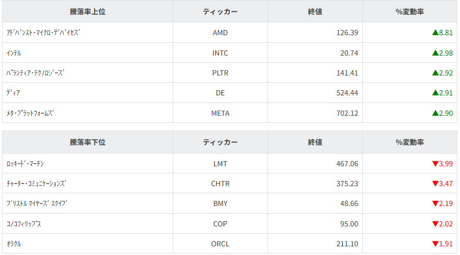 S&P100種騰落率ランキング