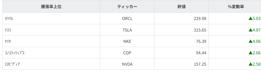 S&P100種騰落率ランキング