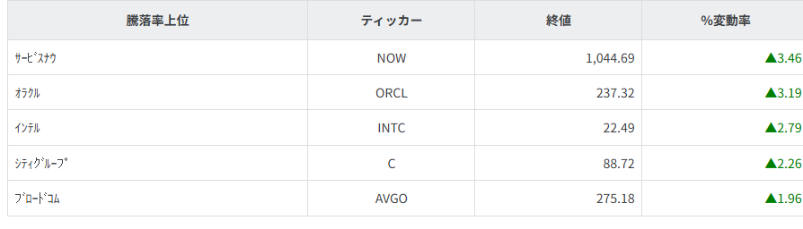 S&P100種騰落率ランキング
