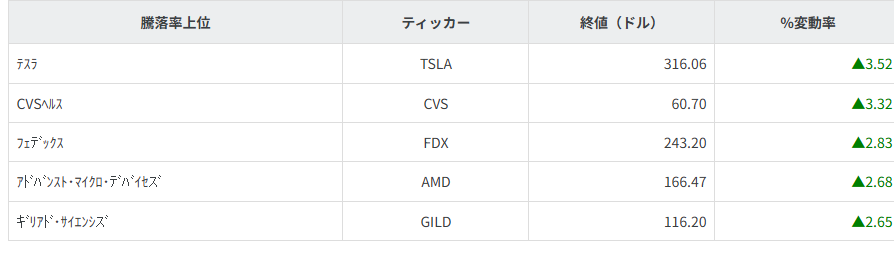S&P100種騰落率ランキング