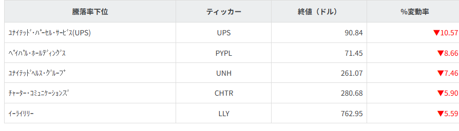 S&P100種騰落率ランキング