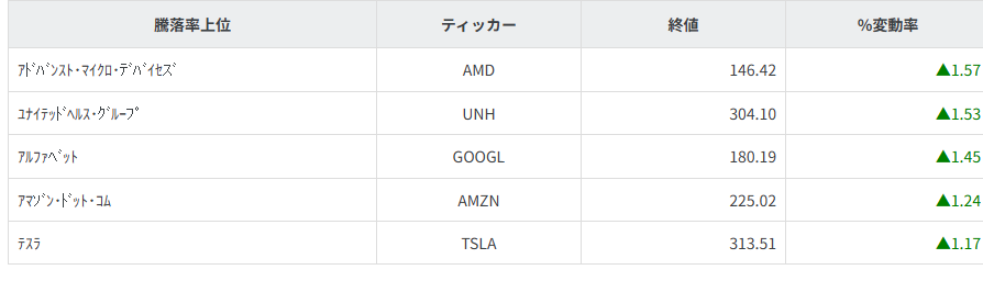 S&P100種騰落率ランキング