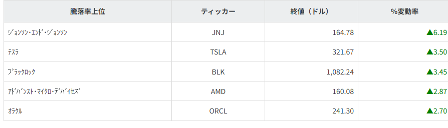 S&P100種騰落率ランキング