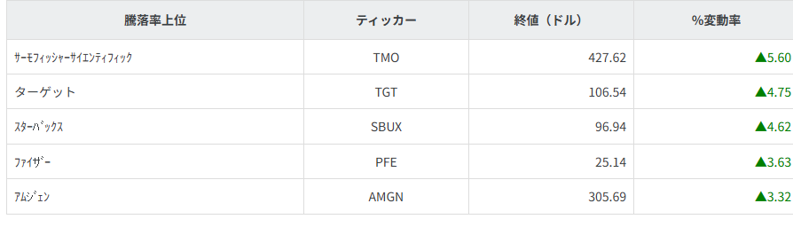 S&P100種騰落率ランキング
