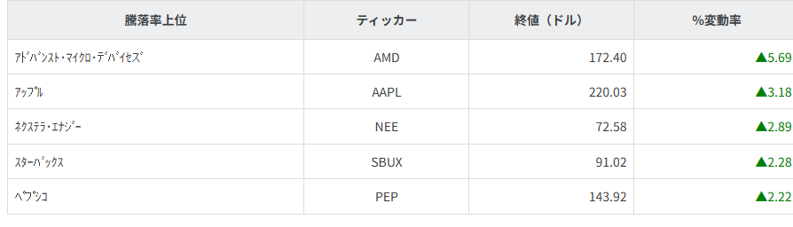 S&P100種騰落率ランキング