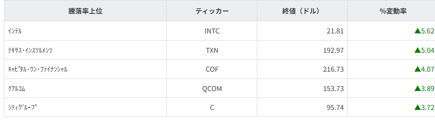 S&P100種騰落率ランキング