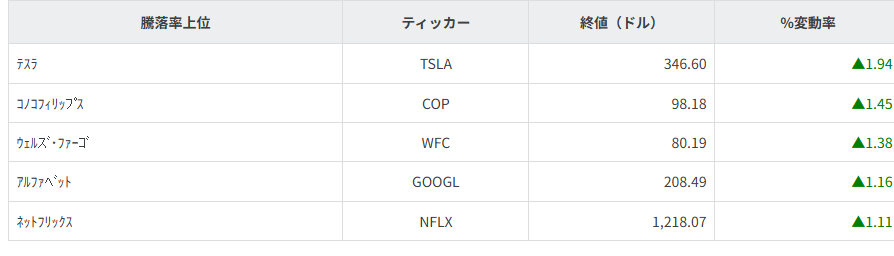 S&P100種騰落率ランキング