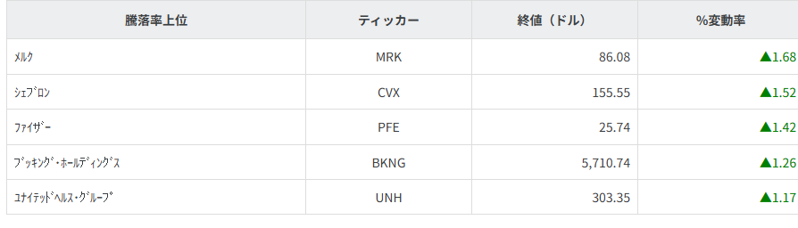 S&P100種騰落率ランキング