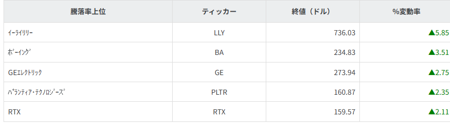 S&P100種騰落率ランキング