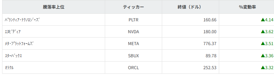 S&P100種騰落率ランキング