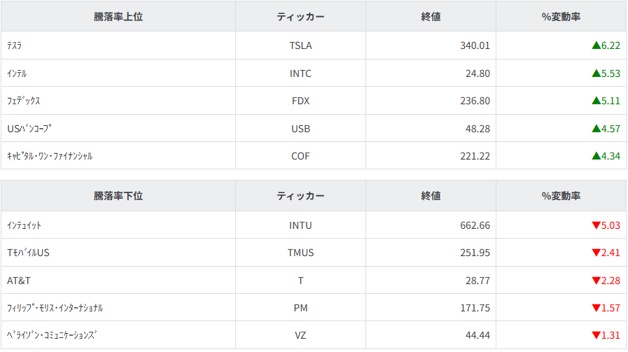 S&P100種騰落率ランキング