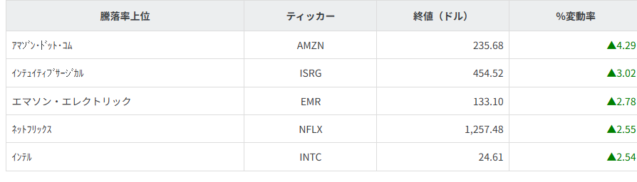 S&P100種騰落率ランキング
