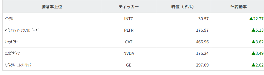 S&P100種騰落率ランキング