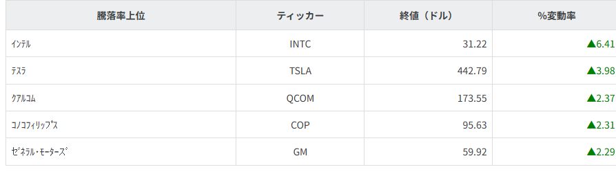 S&P100種騰落率ランキング
