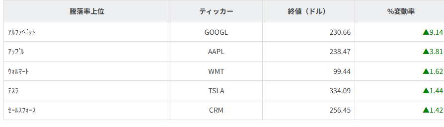 S&P100種騰落率ランキング