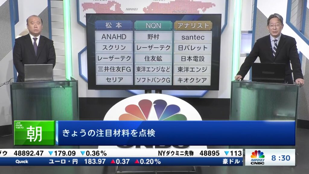 きょうの注目15銘柄　ANAHD、野村、santecなど