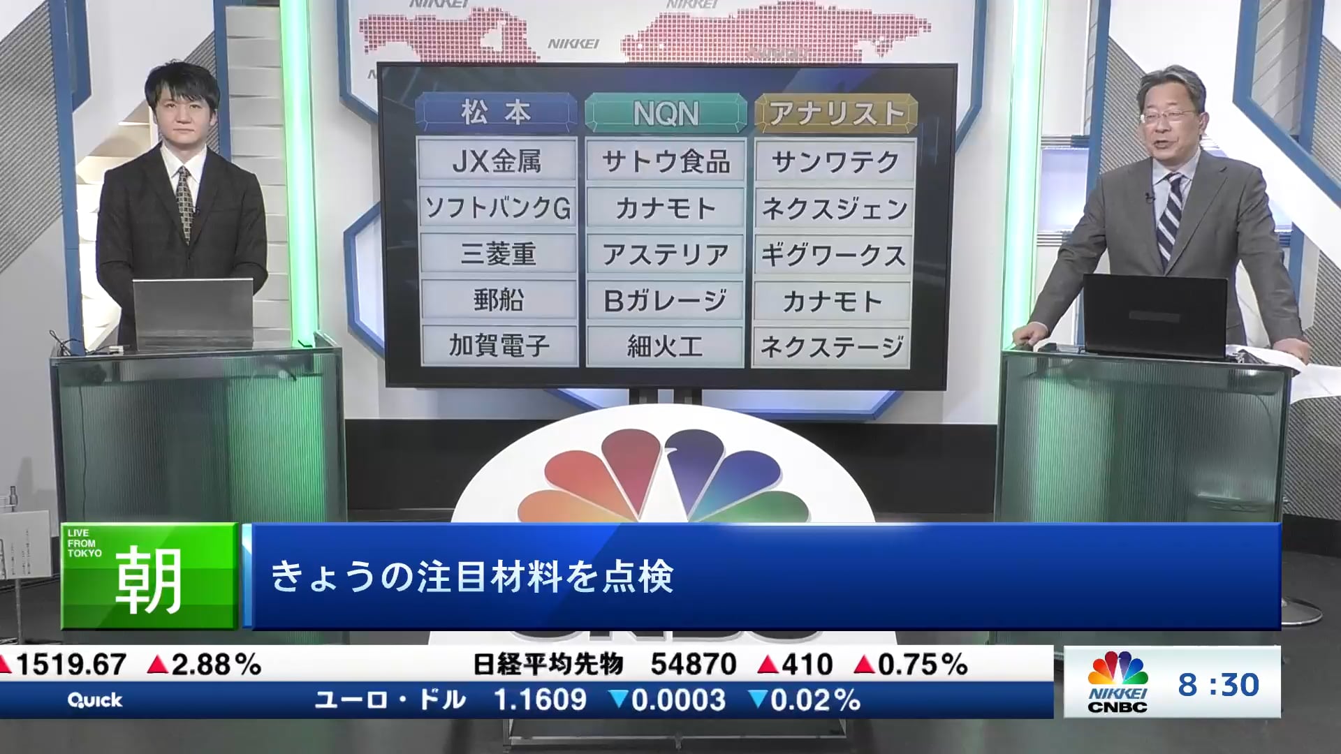 きょうの注目15銘柄　JX金属、サトウ食品、サンワテクなど