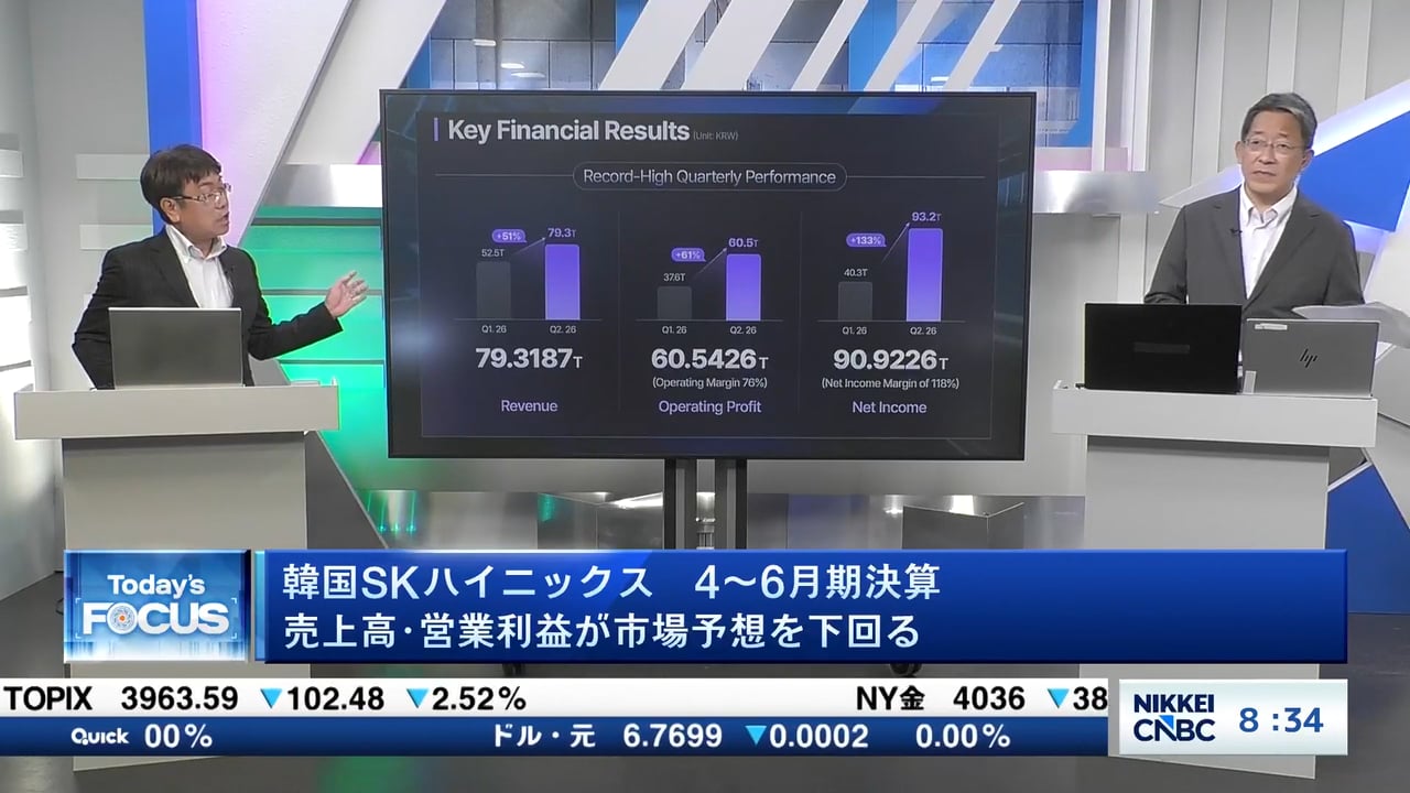 韓国SKハイニックスの4～6月期決算、売上高・営業利益が市場予想を下回る